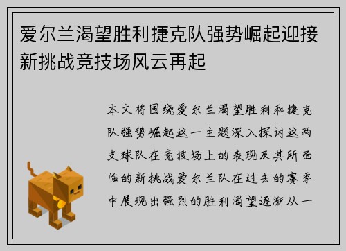 爱尔兰渴望胜利捷克队强势崛起迎接新挑战竞技场风云再起