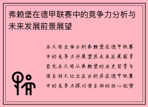 弗赖堡在德甲联赛中的竞争力分析与未来发展前景展望