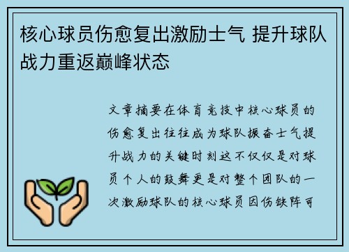 核心球员伤愈复出激励士气 提升球队战力重返巅峰状态