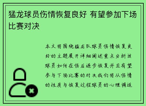 猛龙球员伤情恢复良好 有望参加下场比赛对决