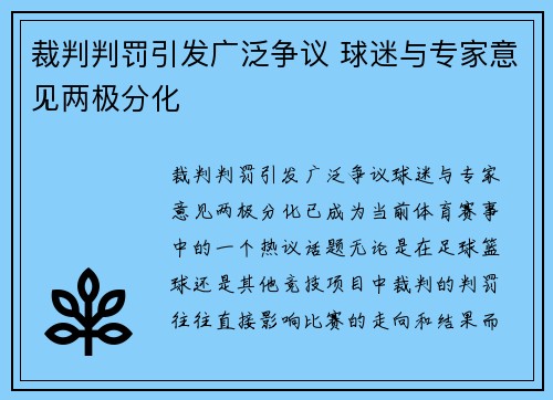 裁判判罚引发广泛争议 球迷与专家意见两极分化