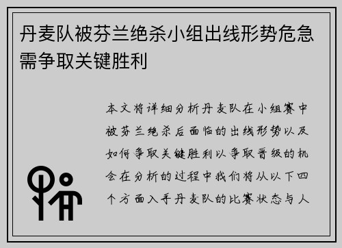 丹麦队被芬兰绝杀小组出线形势危急需争取关键胜利