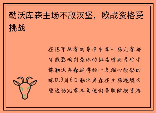 勒沃库森主场不敌汉堡，欧战资格受挑战