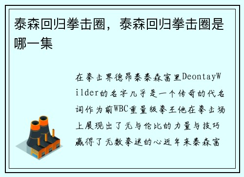泰森回归拳击圈，泰森回归拳击圈是哪一集