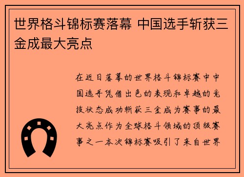 世界格斗锦标赛落幕 中国选手斩获三金成最大亮点