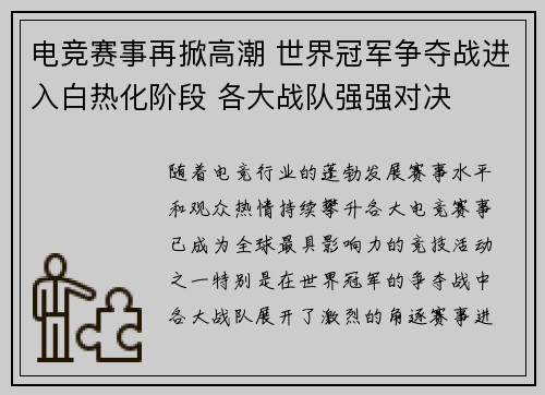 电竞赛事再掀高潮 世界冠军争夺战进入白热化阶段 各大战队强强对决